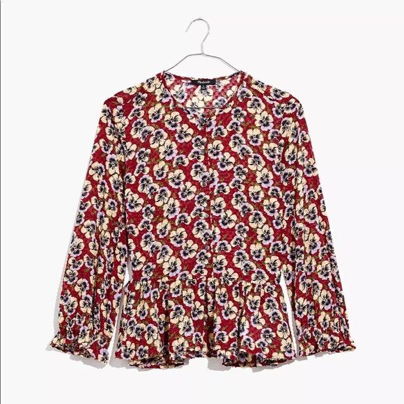 DRAWSTRING Ruffle-Hem Top in Viola Floral sz M - Picture 1 of 9